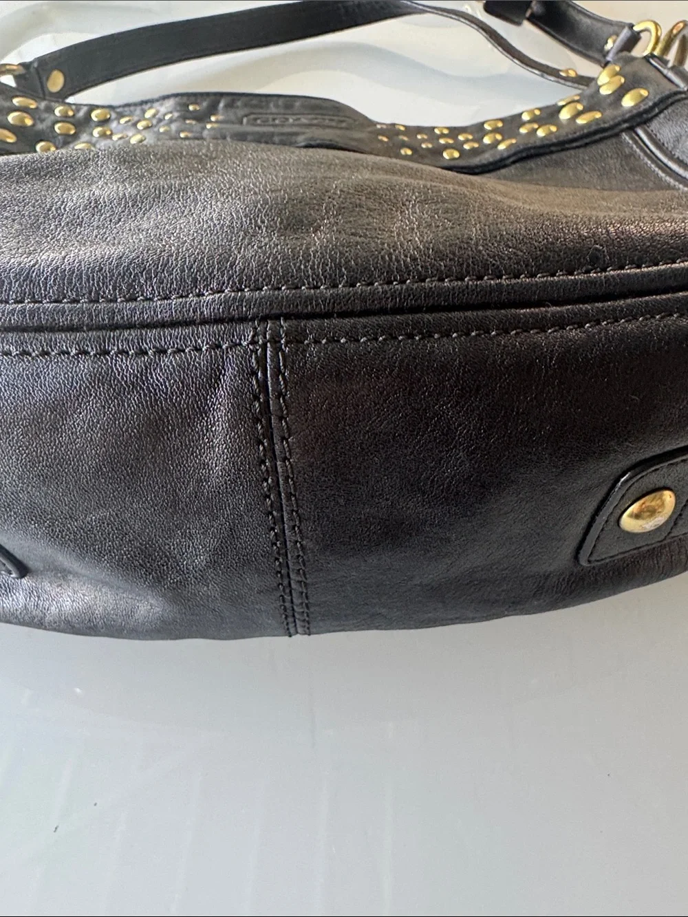 Coach Zoe Black Leather Shoulder Bag with Gold Studs